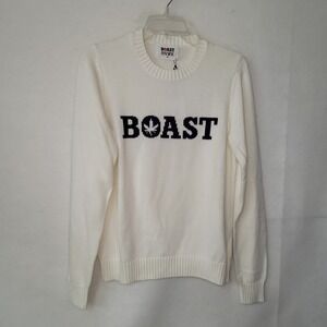 BOAST x RNWK White Cotton Intarsia Logo Sweater Womens‎ M Rib Trim New *Flaw